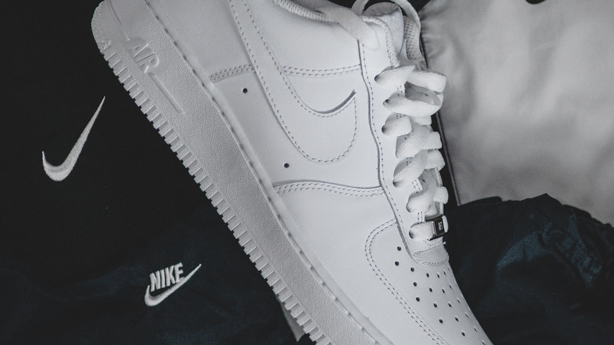 A pristine white leather Nike Air Force 1 sneaker